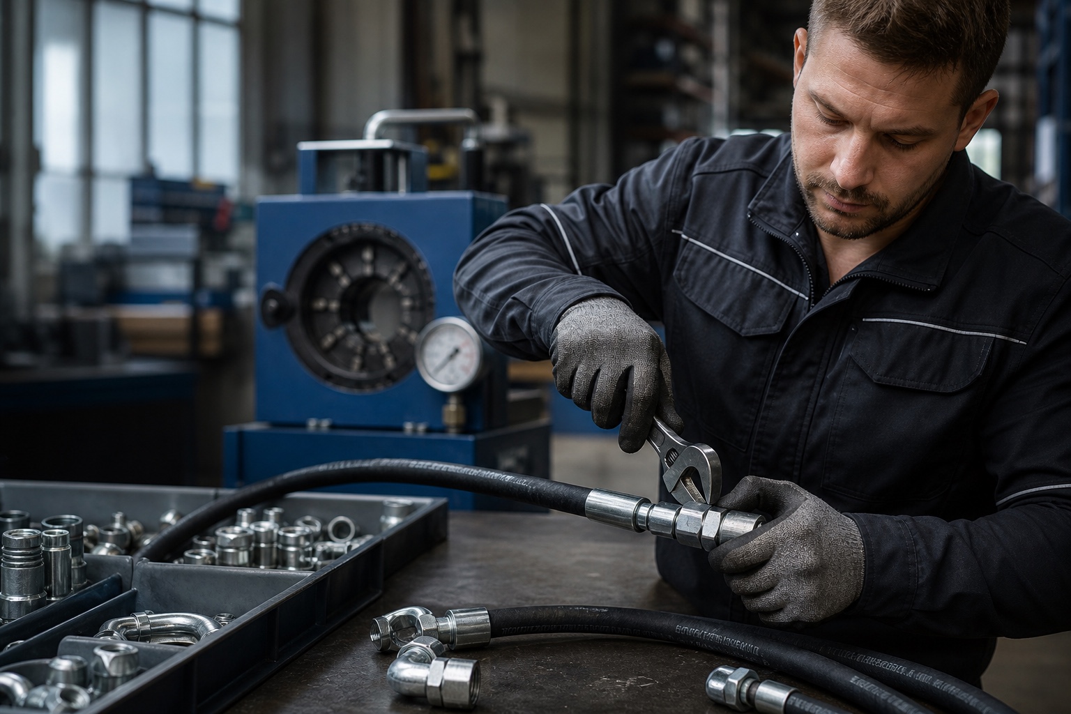Illustration (KI-generiert): Hydraulikschlauch-Montage in der Werkstatt – Symbolbild